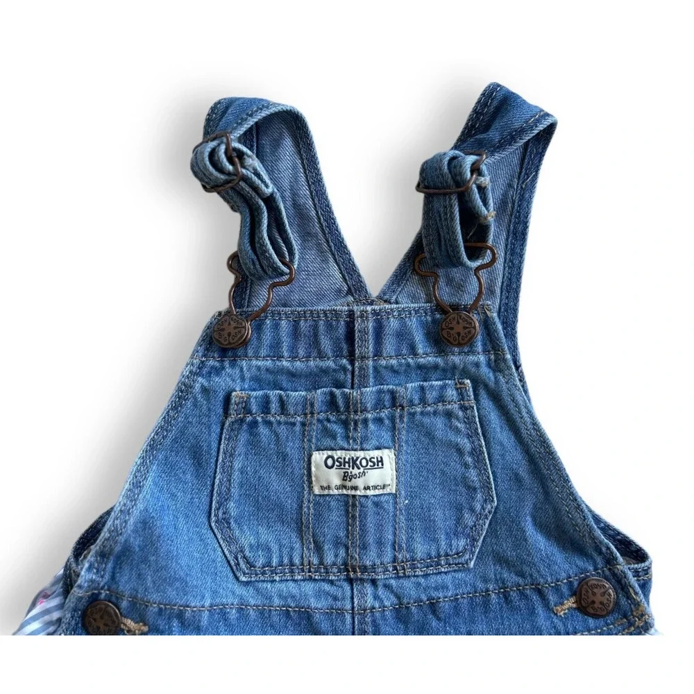 OshKosh B'gosh Overall Dress Striped Flower Eyelet Lace Ruffle Dress 2T